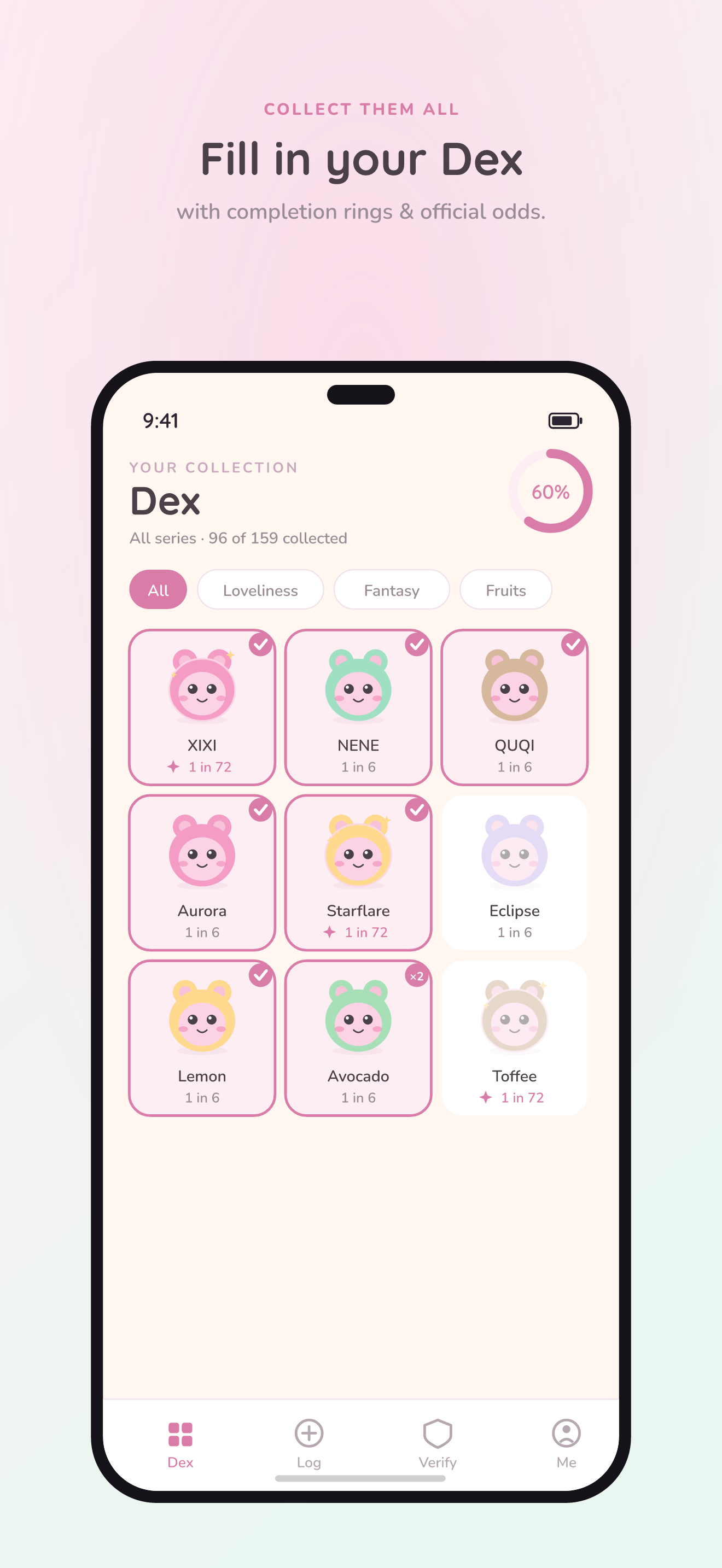 The Dex — a grid of collected Nommi plushies with completion ring and official odds